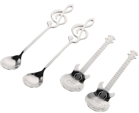 Cabilock 4 Pièces Cuillère en acier inoxydable musical cuillères à guitare cuillères à thé guitare note de musique remuant 304 Argent