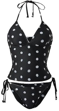 Verdusa Women's Halter Tankini Swimsuits 2 Piece Polka Dots Bikini Set Tie Backless Tops with Panty Black and White Medium