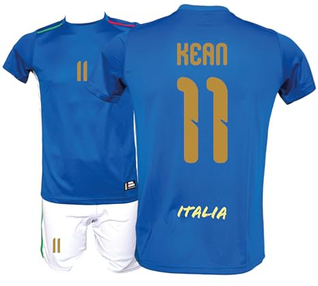 Generico Kit Maglia Italia Calcio Kean 11 e Pantaloncino, Blu con Stampe in Oro, Replica Maglietta Nazionale Italiana, Taglie da Bambino (IT, età, 4 Anni, Regular)