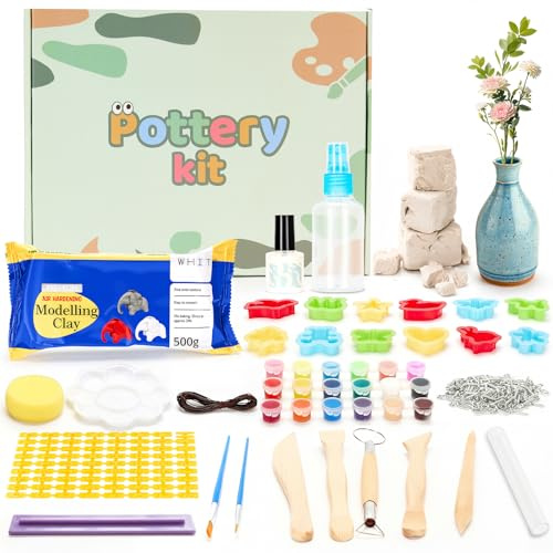 Fegat Ton Töpferset für Zuhause, Lufttrocknendes Ton Töpfer-Set für Anfänger, 43PCS DIY zum Töpfern Kit mit Modellier-Werkzeug, Ton Lufttrocknend in Weiß, Farben & Pinsel als Geschenk für Geburtstage