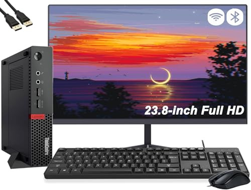 Lenovo ThinkCentre M910q Mini Desktop Computer PC mit 24-Zoll-Monitor, Intel Core i5-6500, 8 GB RAM, 256 GB SSD, US QWERTY Tastatur, WiFi, Bluetooth, Windows 11 Pro (Generalüberholt)