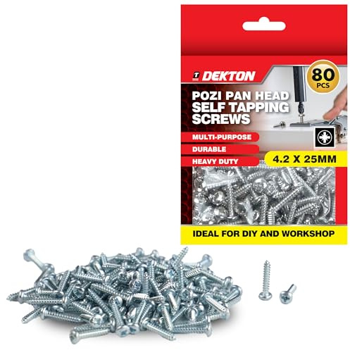 DEKTON 80pc 4.2 x 25mm Pozi Pan Head Self-Tapping Screws – Zinc CR3+ Plated, Durable & Corrosion-Resistant – Ideal for Wood, Metal, Masonry, DIY & Repairs
