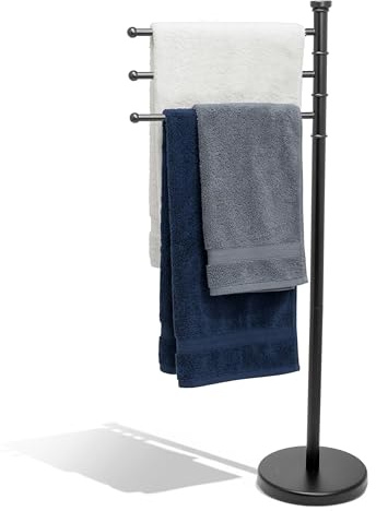 Crystals Freestanding Towel Rack 87cm Stainless Steel Stand with 3 Swivel Arms & Weighted Base – Space Saving Bathroom Towel Holder, Rust Resistant, Modern Design for Home & Guest Use (Black)