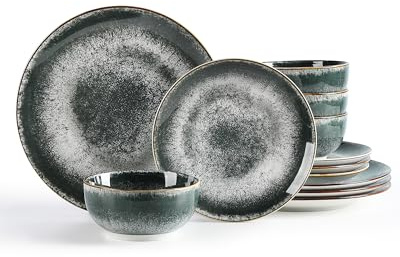 Sweejar Home Dinnerware Sets Service for 4, 12 pcs Porcelain Plates and Bowls for Kitchen, Housewaring Gift, Chip and Scratch Resistant Dish Set, Dishwasher and Microwave Safe Plate Set, Darkgray