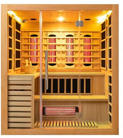 DUTHSS 4–6 Person Hybrid Sauna, Harvia 6kW Heater 3KW Infrared Heater, 220V | 71 x 71 x 83 in Canadian hemlock cabin; 6 carbon panels, 6 red light heaters and foot heating; Bluetooth audio