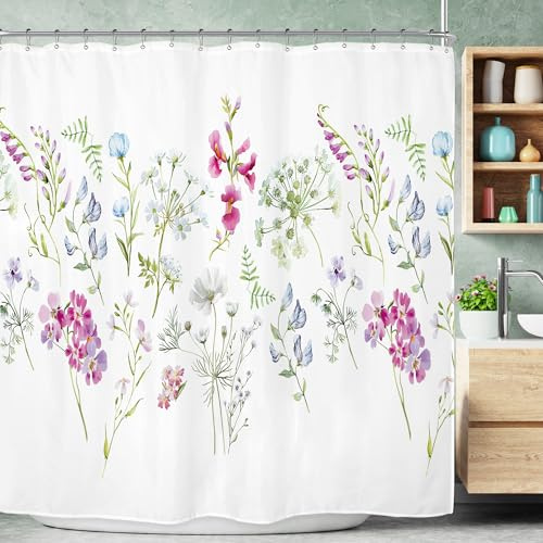 Riyidecor Extra Wide Floral Wildflowers Shower Curtain Clawfoot Tub 108Wx72H Inch 18 Pack Metal Hooks Herbs Botanical Plants Flower Wildflowers Decor Fabric Bathroom Polyester Waterproof RY-OISL