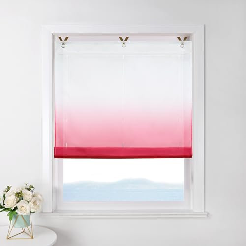 ESLIR Raffrollo ohne Bohren Raffgardine Transparent mit Ösen Farbverlauf Gardinen mit Haken Ösenrollo Modern Vorhänge Rot BxH 60x130cm 1 Stück