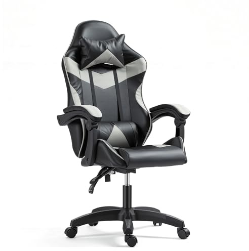 Panana Gaming Chair, Racing Style Office High Back Ergonomic Conference Work Chair Reclining Computer PC Swivel Desk Chair with Headrest&Lumbar Cushion 145 Degree Reclining Angle (Grey)