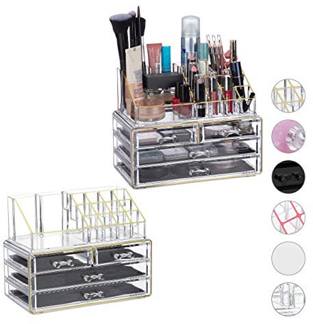 Relaxdays 2 x Make Up Organizer Acryl, 2-teilige Schminkaufbewahrung mit Lippenstifthalter & je 4 Schubladen, transparent/gold