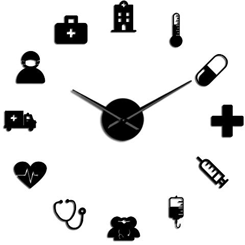VCS Medicina Assistenza sanitaria Ambulanza Grande orologio da parete Adesivi murali specchio acrilico fai da te Arte medica da parete Clinica ospedaliera Decor Art Clock(nero 、 37 in)