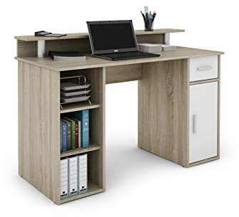 byLIVING Schreibtisch Diego/Arbeits-Tisch mit viel Stauraum in Sonoma Eichen-Holz-Optik/Fronten in Weiß/Computer-Tisch / 1 Schublade, 1 Tür, 3 offene Fächer / 120x88x55cm (BxHxT)