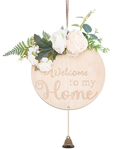 SUPERDANT Benvenuto a Casa Cartello Decorativo Legno Piatto Rotondo Targa Naturale Placca di Benvenuto con Fiori Bianchi da Decorazioni da Parete Con Campana Decorazione Porta Ingresso