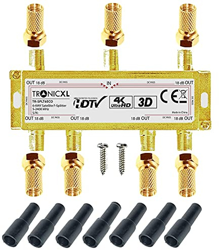 TronicXL 6fach Sat Verteiler + F-Stecker + Wetterschutz I Premium TV Kabel Adapter Antennenverteiler Kabelfernsehen DVBC Unicable 6-Fach hd tauglich 4K HDTV DC-Durchlass UKW Radio Satelliten-Anlagen