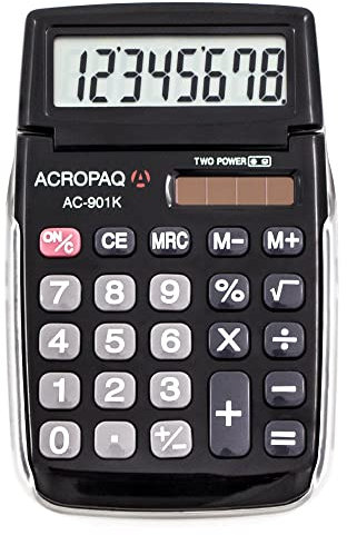 ACROPAQ - Taschenrechner - 8 stelliges LC-Display, Dual Power (Batterie + Solar), Mit Speicher, Wurzelziehen und Prozentrechnung - Schwarz