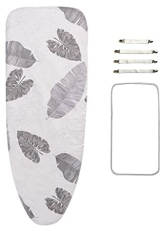 Highdi Ironing Board Cover, Easy-Fit Replacement Ironing Cover for Steam Irons, Ironing Board Cover with 4 x Clips 1x Protective Scorch Mesh Cloth (Grey leaves,147x48cm)