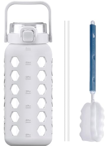 MUKOKO Botellas de agua de vidrio de medio galón64 onzas con pajita y tapa, jarra de agua motivacional con recordatorio de marcador de tiempo y funda de silicona, 100% a prueba de fugas sin BPA,