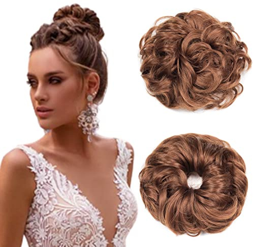 Cybelleza Haarteil Haargummi Haarverlängerung Pferdeschwanz 38g Haarteil Mit Gummiband Dutt Updo Hochsteckfrisuren Gelockt Haarband Gewellt Lockiges Messy Bun für Damen (Leichtes Auburn)