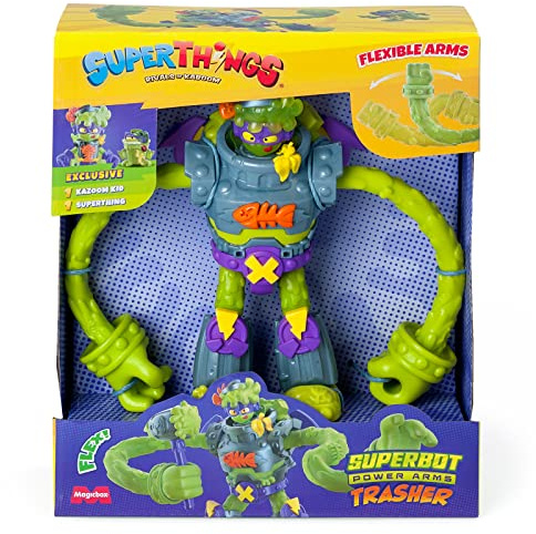 SUPERTHINGS Superbot Power Arms Trasher – Articulated villain robot with flexible arms and combat accessory. Includes 1 exclusive Kazoom Kid and 1 exclusive SuperThing