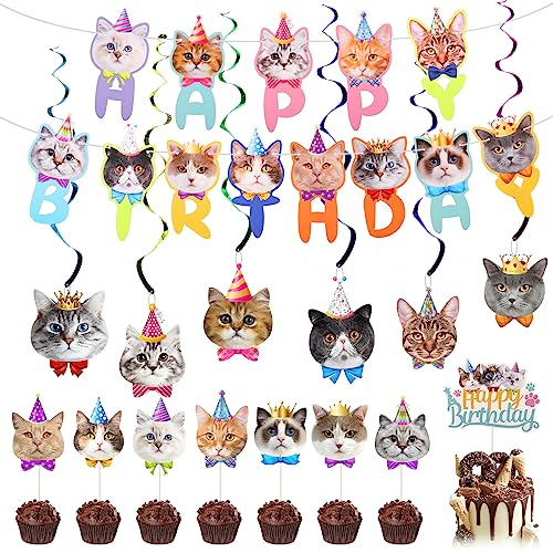 17st Tillbehör för Födelsedagsfest för Katter, Dekorationer för Kattfester Inklusive Födelsedagsbanner Hängande Virvel Födelsedagstårta Cupcake Topper för Katttemafest Födelsedagsfest