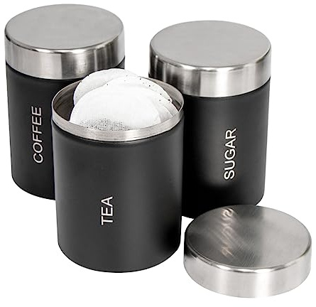 Blackmoor 65169 Stainless Steel Tea Coffee and Sugar Containers/Matt Black Powder Coated Canisters/Kitchen Storage Set