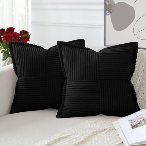 Artscope 2er Set Kordsamt Kissenbezüge Samtkissen Weich Dekokissen Dekorativ Kissenbezug Modern Kissenhülle Umwickelte Kante Sofakissen für Wohnzimmer Schlafzimmer Schwarz, 40x40cm