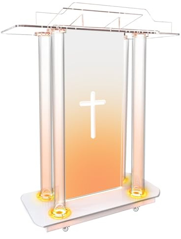 Vakiorn Church Pulpit, Transparent Acrylic Lectern with Wheels & 15 Color Adjustable LED Light, Acrylic Large Podium Stand for Church, Concert, Lecture, Wedding, Classroom (40x17.7x 43)