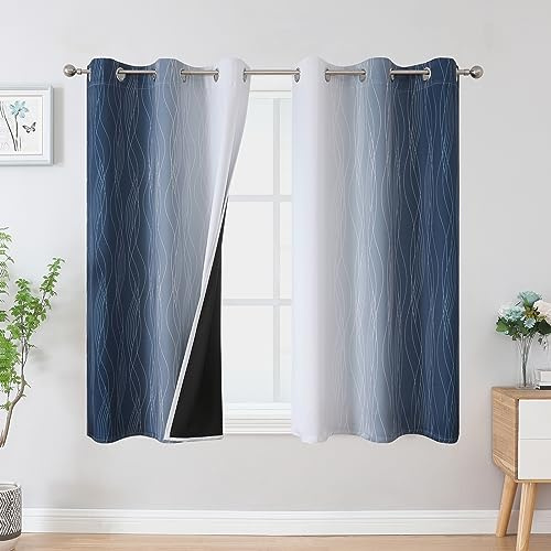 VEHEDE Navy Blue and Greyish White Gradient Blackout Curtains 54 Inch Drop for Bedroom, Wave Stripe Thermal Insulated Printed Ombre Room Darkening Drapes for Living Room, W42 x L54 Inch, 2 Panels