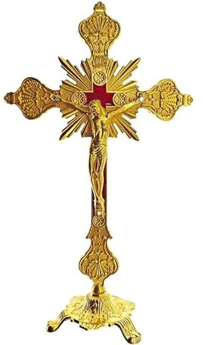 Crocifisso in piedi con base, 25,4 cm, da tavolo, in metallo, crocifisso cattolico con Gesù, crocifisso in oro antico, per la casa, decorazione della cappella, regali religiosi