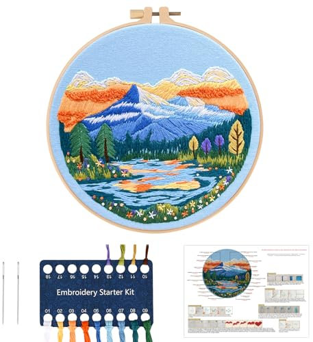 JSRQT Kit per Ricamo Paesaggio per Principianti, Kit da Ricamo ad Ago Fatte a Mano Fai-da-Te per Bambini Adulti, Kit Punto Croce Stampato con Strumento da Ricamo Incluso Telaio Istruzioni Ago e Fili