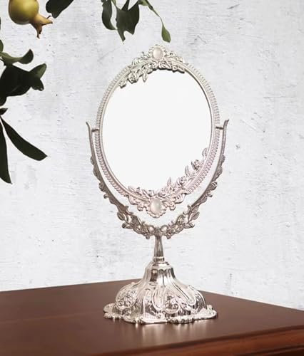 MGEMJMJ Vintage-tischspiegel, Oval, Doppelseitig, Drehbar, Retro-schminkspiegel, Stehend, Kosmetikspiegel(Size:17x38cm,Color:Silber)