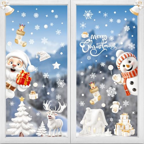 9 Sheets Christmas Window Stickers, Isisyu 180Pcs 3D Christmas Window Clings, Window Stickers Christmas Scene with Snowflakes Santa Claus Reindeer Snowman, Double Sided Xmas Window Decals