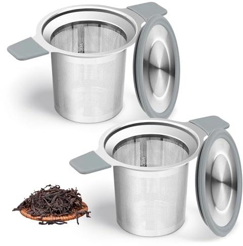 mymai Edelstahl Teesieb 2er Set für losen Tee mit Deckel, hitzebeständigem Silikongriff, 304 Edelstahl Teesieb für Tassen und Teekannen, Feinmaschiges Teesieb für Aromatischen Teegenuss