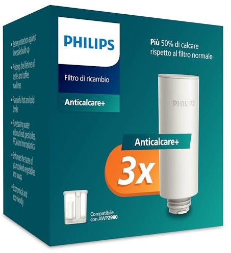Philips Water Filtri di Ricambio per Erogatore di Acqua Ailtrata su Richiesta – Confezione da 3, Filtro Anticalc+ Che Migliora il Gusto e Riduce Calcare e Impurità, Senza BPA