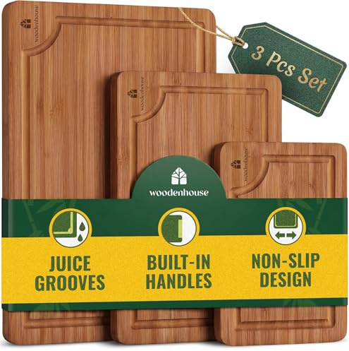 Tablas de cortar para cocina, tabla de cortar de madera, juego de 3 tablas de cortar de bambú, color oscuro, duraderas y ecológicas, perfectas para cortar, servir y preparar alimentos