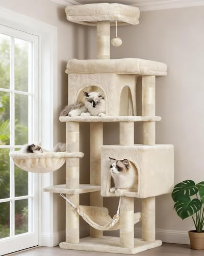 Heybly Kratzbaum, 145 cm Hoher Mehrstöckiger Kratzstamm-Kletterturm, Mit 2 Großen Plattformen, 2 Großer Katzennestern, Katzenkorb, Hängematte, Ballspielzeug, Beige HCT016M