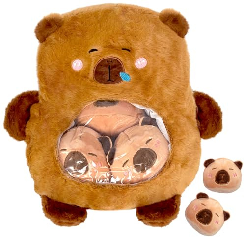 Fortivae Plüschkissen für Snackbeutel, Capybara Plüschtier, Süßes Capybara Kissen, Plüschpuppenkissen, Abnehmbares Tier Plüsch Puppen Kissen Mit 3 Mini, Geschenke für Frauen