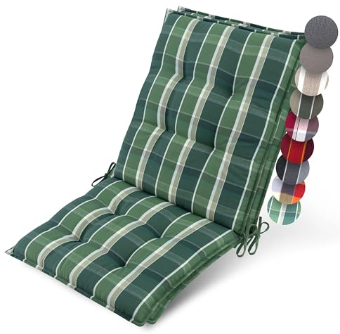 Beautissu 2er Set Premium Niedriglehner Auflage Gartenstuhl rutschfest | 100x50cm 8cm dick Grün kariert robuster Stoff Polster Befestigungsbänder UV-Lichtechtheit 5 Gartenstuhlauflage Robust Sun-NL