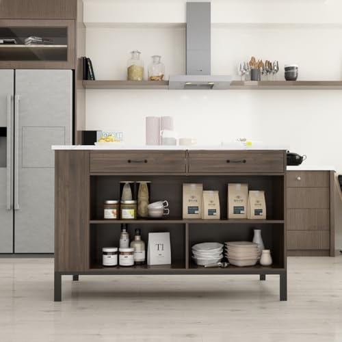 DEZAGCE Isla de cocina con 2 cajones y 6 estantes, losa de mármol, 75 x 140 x 92 cm, marrón oscuro y blanco