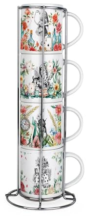 Purely Home Alices Adventures in Wonderland - Set di 4 tazze impilabili in ceramica con supporto in metallo, motivo: coniglietto bianco