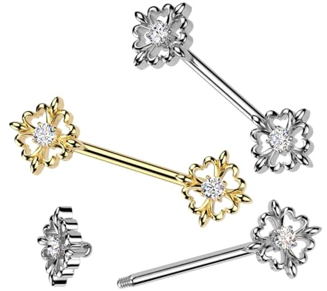 Tata Gisèle Piercing Téton Mamelon en Acier Chirurgical 316 L et Oxyde de Zirconium, Motif Fleur de Lys Ajourée sertie d'un Zircon Brillant. Argenté ou Doré. Bijou de Sein, Marque Francaise