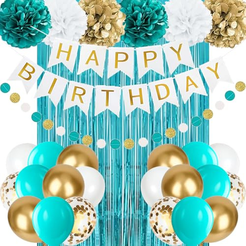 Geburtstagsdeko Blaugrün Blue, Geburtstag Party Deko Teal Blue Gold Luftballons, Happy Birthday Banner, Pompons Geburtstag Party Dekoration
