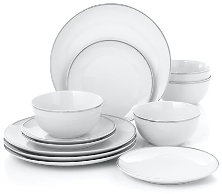 Waterside 12pc Silver Porcelain Dinner Set; 4 Dinner Plates, Side Plates & Deep Bowls