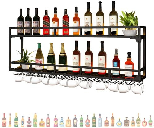 JOSIAHCQ Weinregal Metall mit Licht Flaschenregal Schmal Bar Regal Wand Weinschrank Wine Rack mit Weinglashalter Küchenregal für Bartheke Wohnzimmer Küche Esszimmer(Nero,200 * 25 * 54cm)