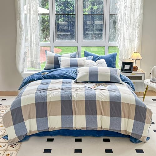 HAIBA Housse de Couette 155 x 205 cm Blue 100% Coton en Flanelle Linge de lit Réversible - Chaude Douce et Douillette avec Fermeture Éclair – pour lit Standard 1 Personnes