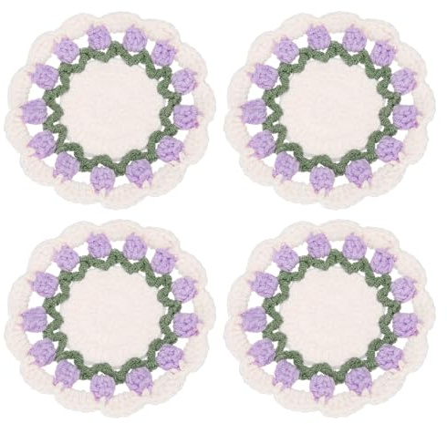 uxcell Floral Crochet Coasters, Flower Knitted Cup Mats Crochet Plant Pot Coaster for Wedding Birthday Party Home Office Decor Light Purple