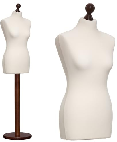 DummyDoll Schneiderpuppe weiblich Größe 36/38, Überzug Creme/Ecru, Fuß Holzteller + Holzknauf Nuss