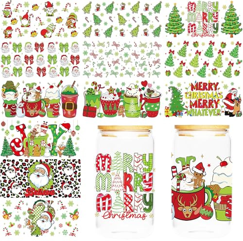 Grinch-Themed Christmas UV DTF Cup Wraps: 473.6 g Glass Cup Transfers, 12 Blatt DIY Rubb on Transfers Aufkleber für Urlaubsgeschenke, keine Hitze erforderlich