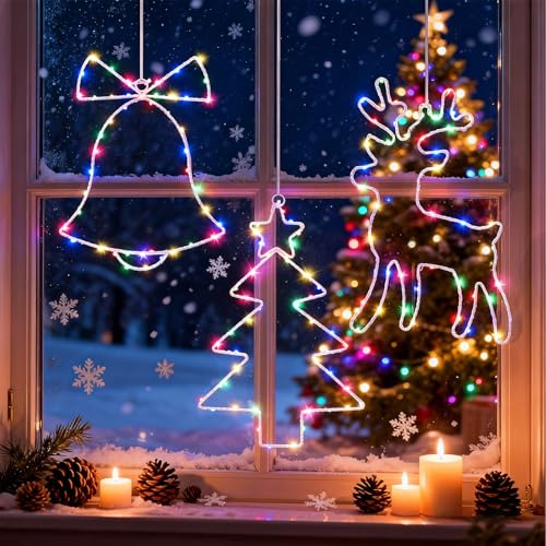 Glovios Lumières LED Noël 3 Pièces,Décoration de Noël,Etoiles Sapin de Noëls Rennes,135 LED Guirlande Lumineuse Exterieure Intérieur,8 Modes Guirlande à Pile(Non Inclure) avec Minuterie