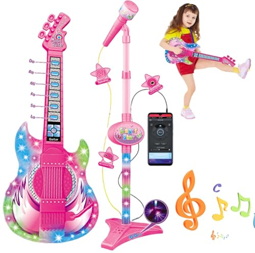 Guitare et Microphone pour Les Enfants, Guitare Jouet avec Musique et lumière, Hauteur réglable 2 en 1 Microphone pour Enfants avec Stand, Apprentissage des Instruments Jouets | Jouets musicaux
