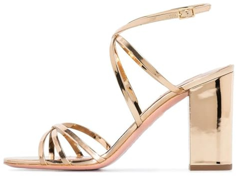 Sandales à Talons épais et Lanières pour Femme,Talons Hauts Tendance à Bout Ouvert et Bride Cheville Chaussures de Soirée Confortables à Talons Carrés pour Mariage,D'or,46 EU